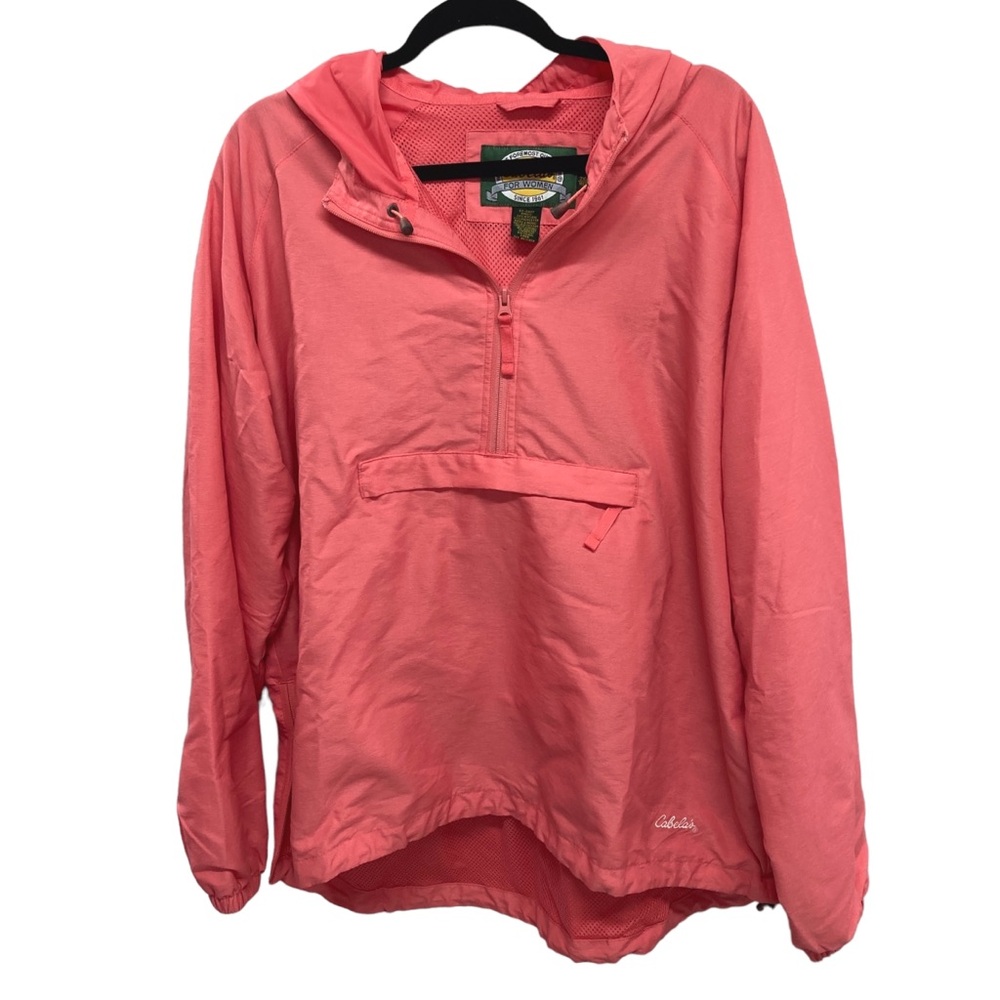 Cabela’s Windbreaker Hooded Nylon Jacket Half Zip Kangaroo Pocket Coral Pink XXL